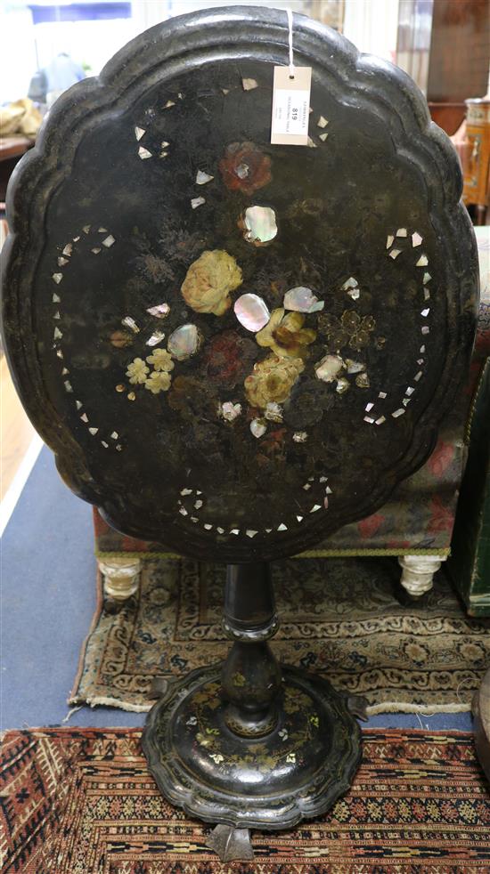 A papier mache mother of pearl inlaid occasional table, W.54cm